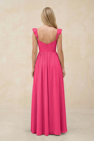 Ruffled Sleeve A-Line Corset Chiffon Bridesmaid Dress in Fuchsia (2) | KISSBRIDAL