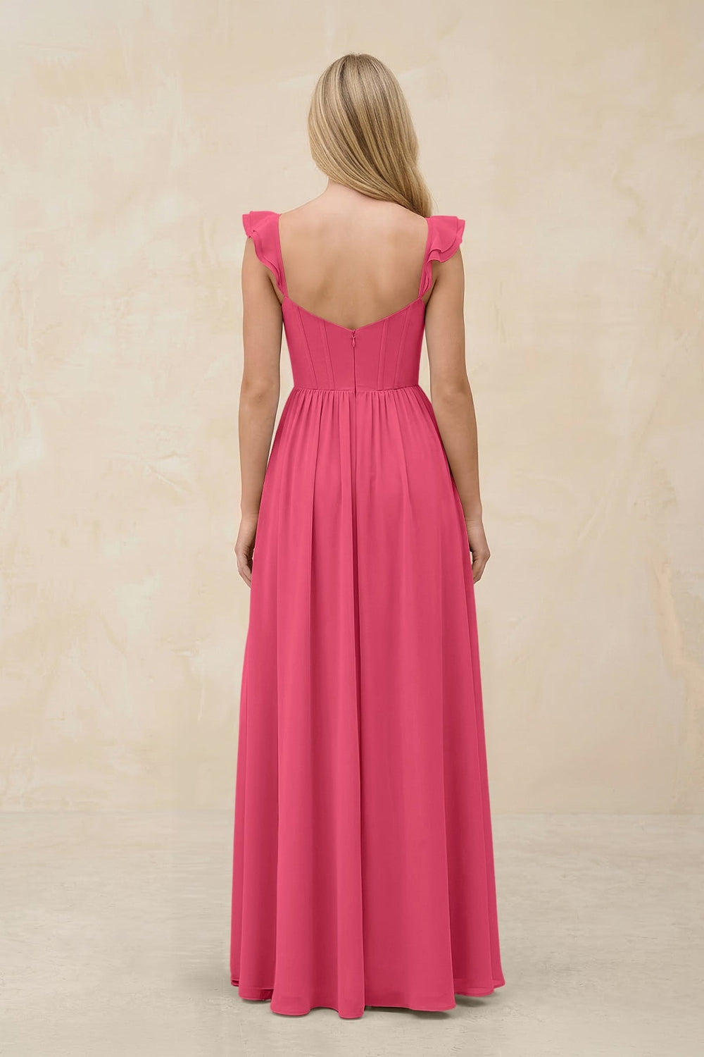 Ruffled Sleeve A - Line Corset Chiffon Bridesmaid Dress in Fuchsia - KISS BRIDAL Bridesmaid Dresses