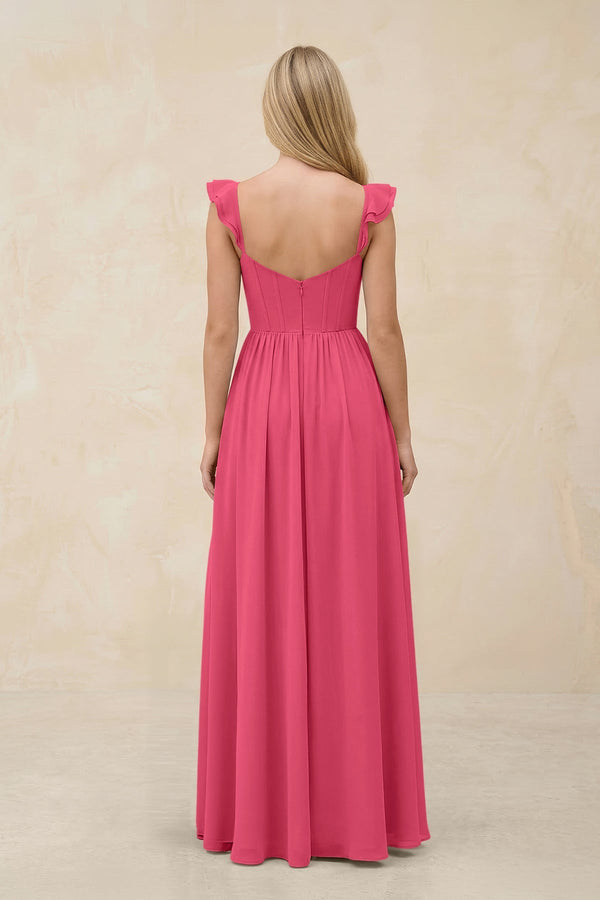Ruffled Sleeve A - Line Corset Chiffon Bridesmaid Dress in Fuchsia - SHE IS ME Bridesmaid Dresses