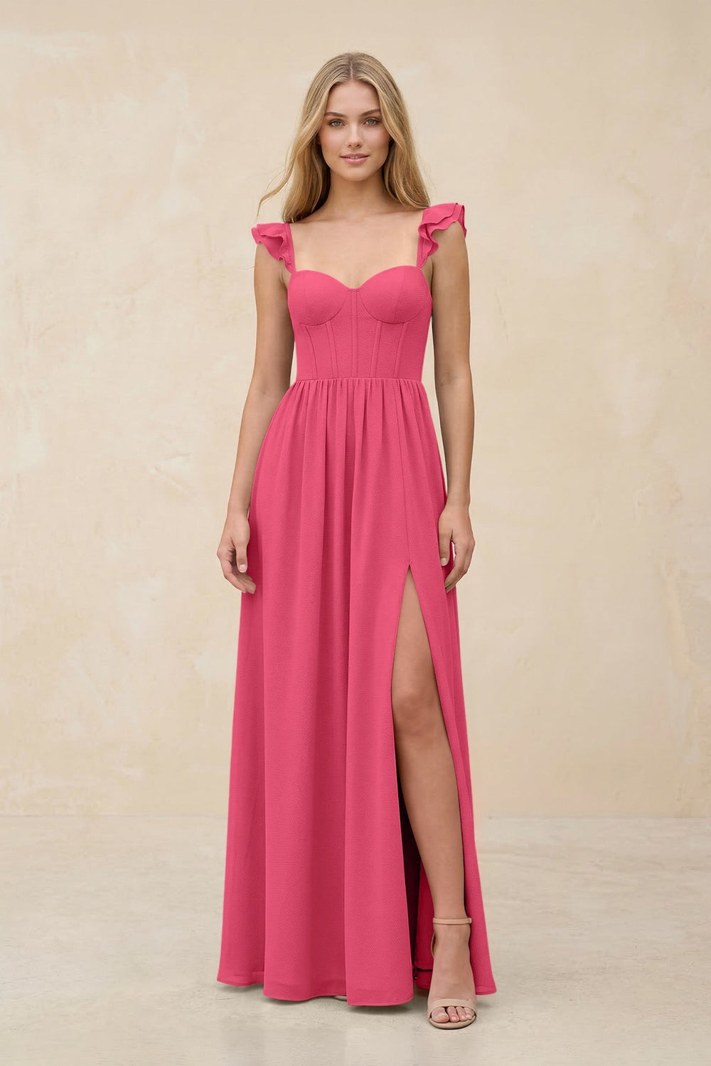 Ruffled Sleeve A - Line Corset Chiffon Bridesmaid Dress in Fuchsia - KISS BRIDAL Bridesmaid Dresses