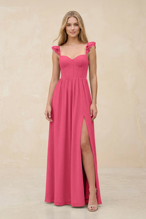 Ruffled Sleeve A - Line Corset Chiffon Bridesmaid Dress in Fuchsia - SHE IS ME Bridesmaid Dresses