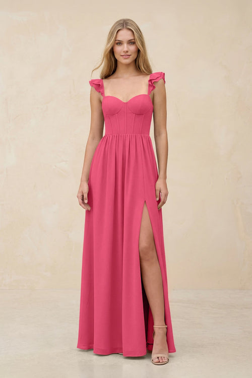 Ruffled Sleeve A - Line Corset Chiffon Bridesmaid Dress in Fuchsia - SHE IS ME Bridesmaid Dresses