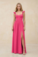 Ruffled Sleeve A-Line Corset Chiffon Bridesmaid Dress in Fuchsia | KISSBRIDAL