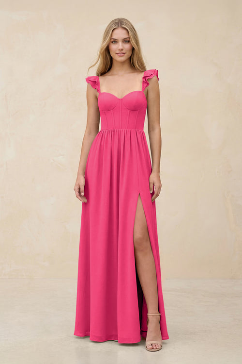 Ruffled Sleeve A-Line Corset Chiffon Bridesmaid Dress in Fuchsia | KISSBRIDAL