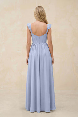 Ruffled Sleeve A-Line Corset Chiffon Bridesmaid Dress in Ice (2) | KISSBRIDAL