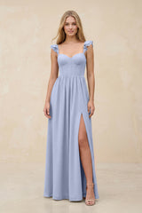 Ruffled Sleeve A-Line Corset Chiffon Bridesmaid Dress in Ice | KISSBRIDAL