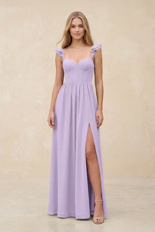 Ruffled Sleeve A - Line Corset Chiffon Bridesmaid Dress in Lavender - SHE IS ME Bridesmaid Dresses