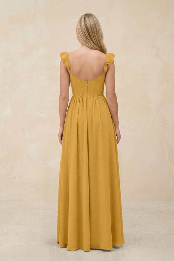 Ruffled Sleeve A - Line Corset Chiffon Bridesmaid Dress in Marigold - SHE IS ME Bridesmaid Dresses