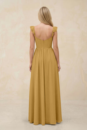 Ruffled Sleeve A-Line Corset Chiffon Bridesmaid Dress in Marigold (2) | KISSBRIDAL
