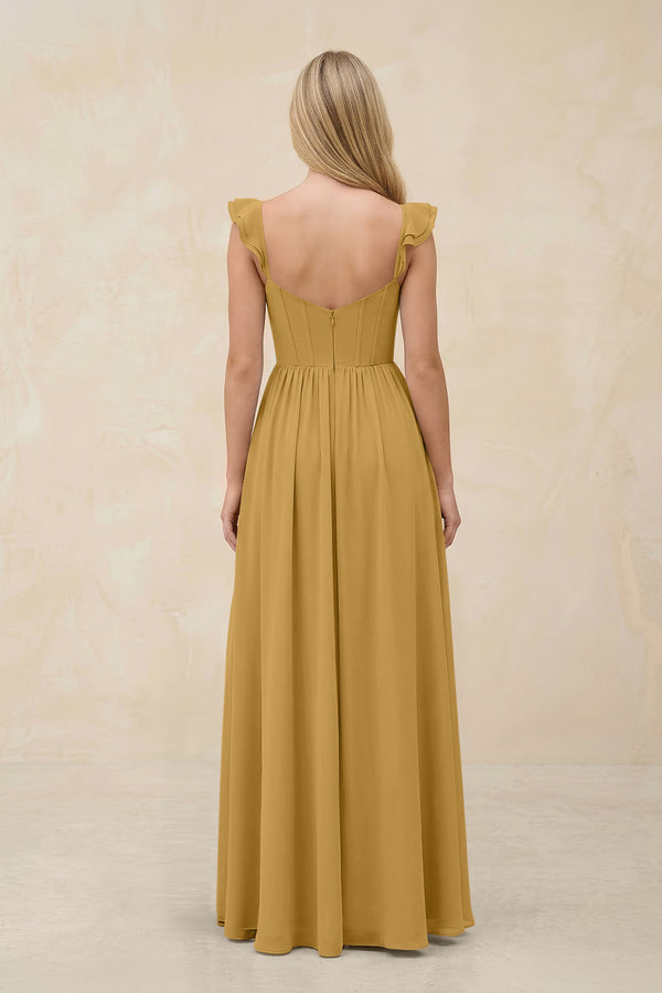 Ruffled Sleeve A-Line Corset Chiffon Bridesmaid Dress in Marigold (2) | KISSBRIDAL