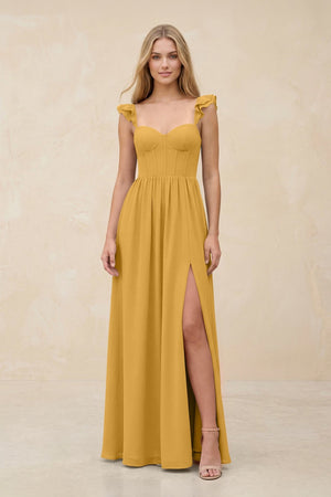 Ruffled Sleeve A - Line Corset Chiffon Bridesmaid Dress in Marigold - SHE IS ME Bridesmaid Dresses