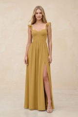 Ruffled Sleeve A-Line Corset Chiffon Bridesmaid Dress in Marigold | KISSBRIDAL