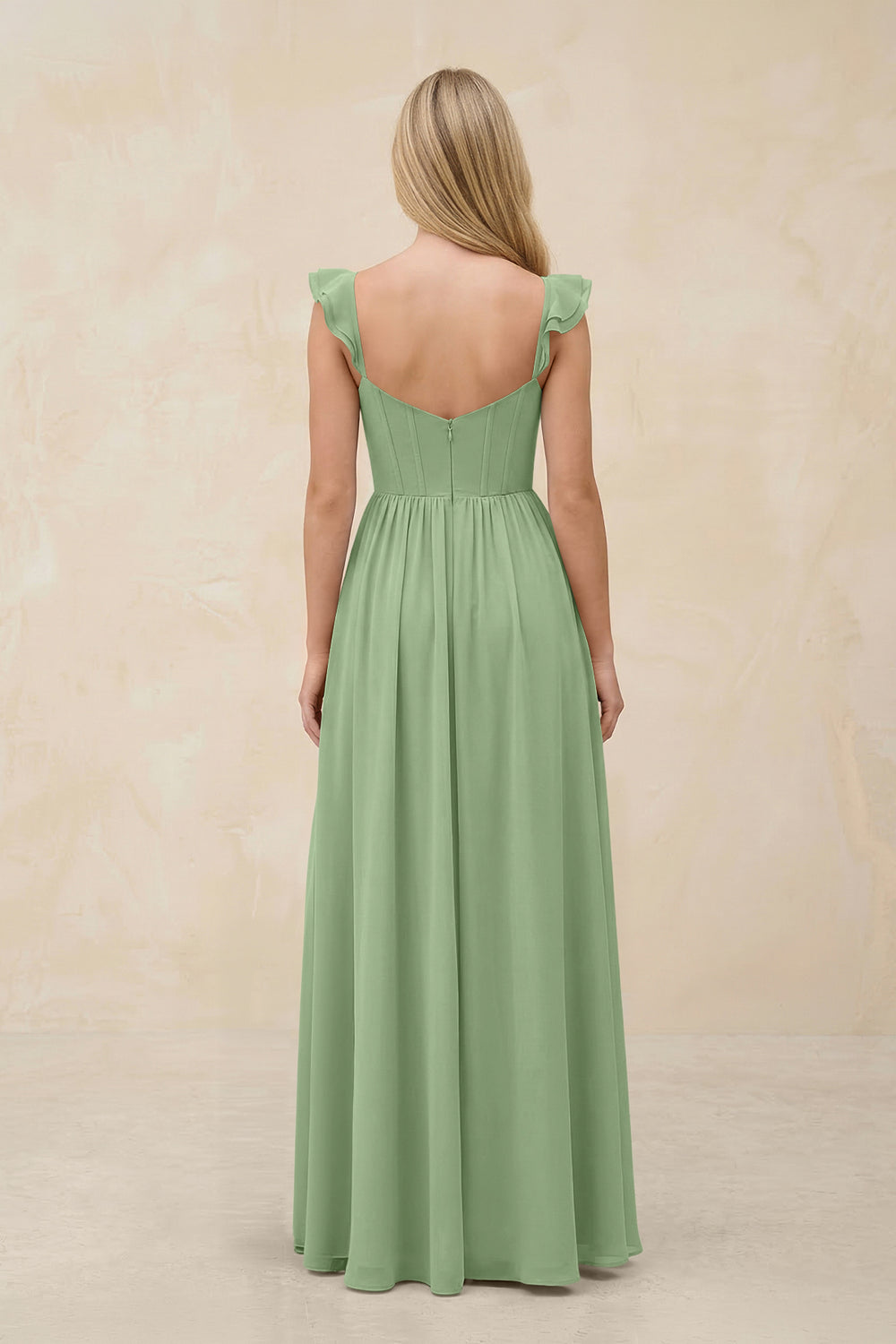 Ruffled Sleeve A-Line Corset Chiffon Bridesmaid Dress in Matcha