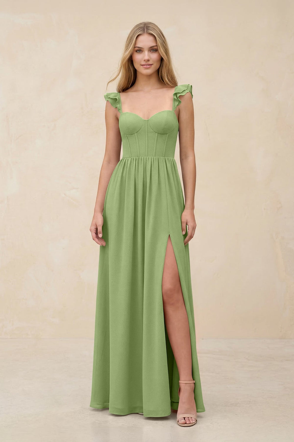 Ruffled Sleeve A - Line Corset Chiffon Bridesmaid Dress in Matcha - KISS BRIDAL Bridesmaid Dresses