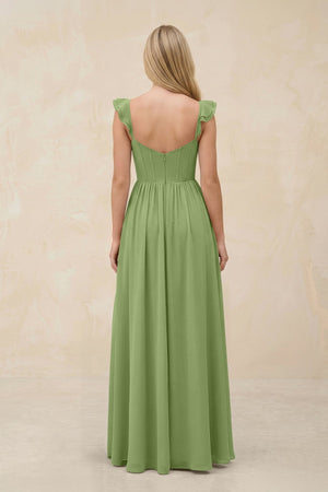 Ruffled Sleeve A - Line Corset Chiffon Bridesmaid Dress in Matcha - SHE IS ME Bridesmaid Dresses