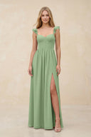 Ruffled Sleeve A-Line Corset Chiffon Bridesmaid Dress in Matcha | KISSBRIDAL