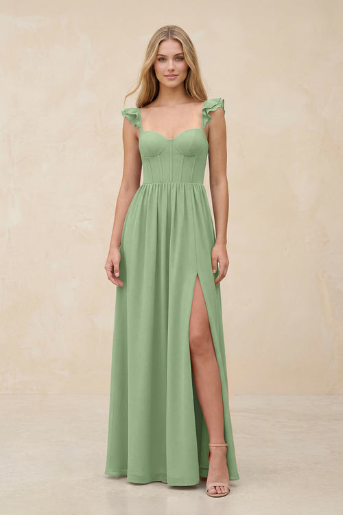 Ruffled Sleeve A-Line Corset Chiffon Bridesmaid Dress in Matcha | KISSBRIDAL