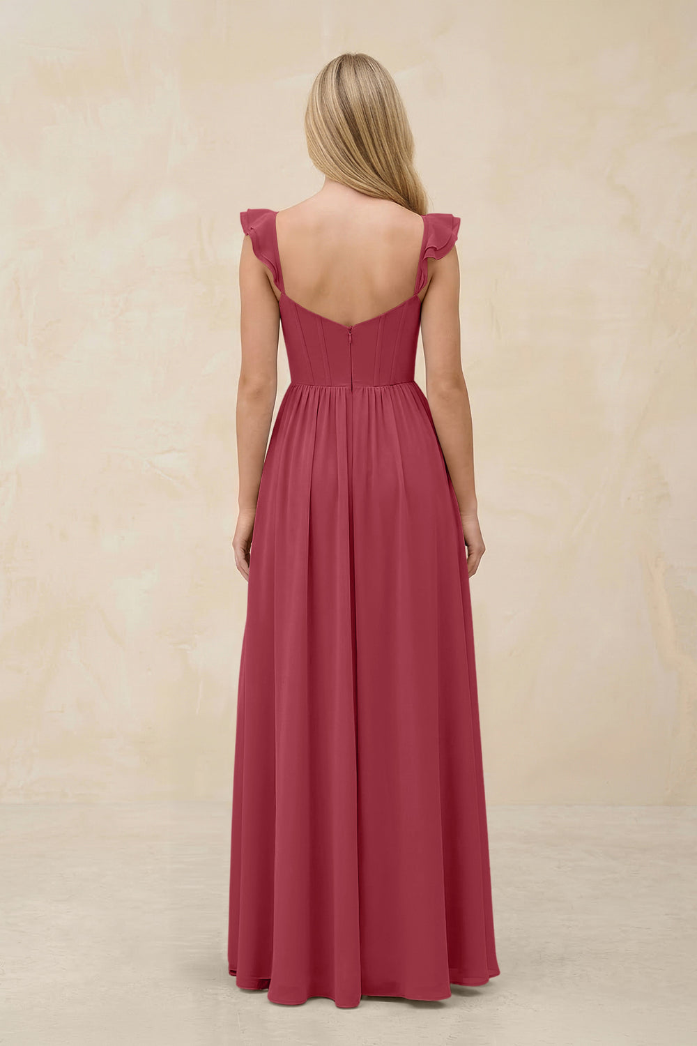 Ruffled Sleeve A-Line Corset Chiffon Bridesmaid Dress in Merlot
