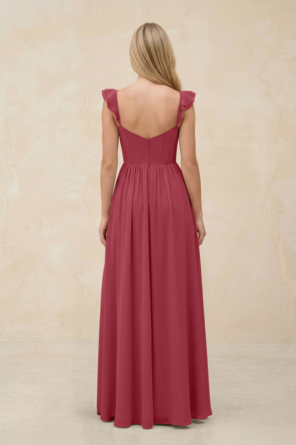 Ruffled Sleeve A-Line Corset Chiffon Bridesmaid Dress in Merlot (2) | KISSBRIDAL