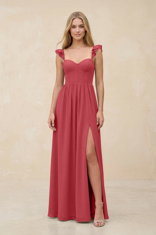 Ruffled Sleeve A - Line Corset Chiffon Bridesmaid Dress in Merlot - SHE IS ME Bridesmaid Dresses
