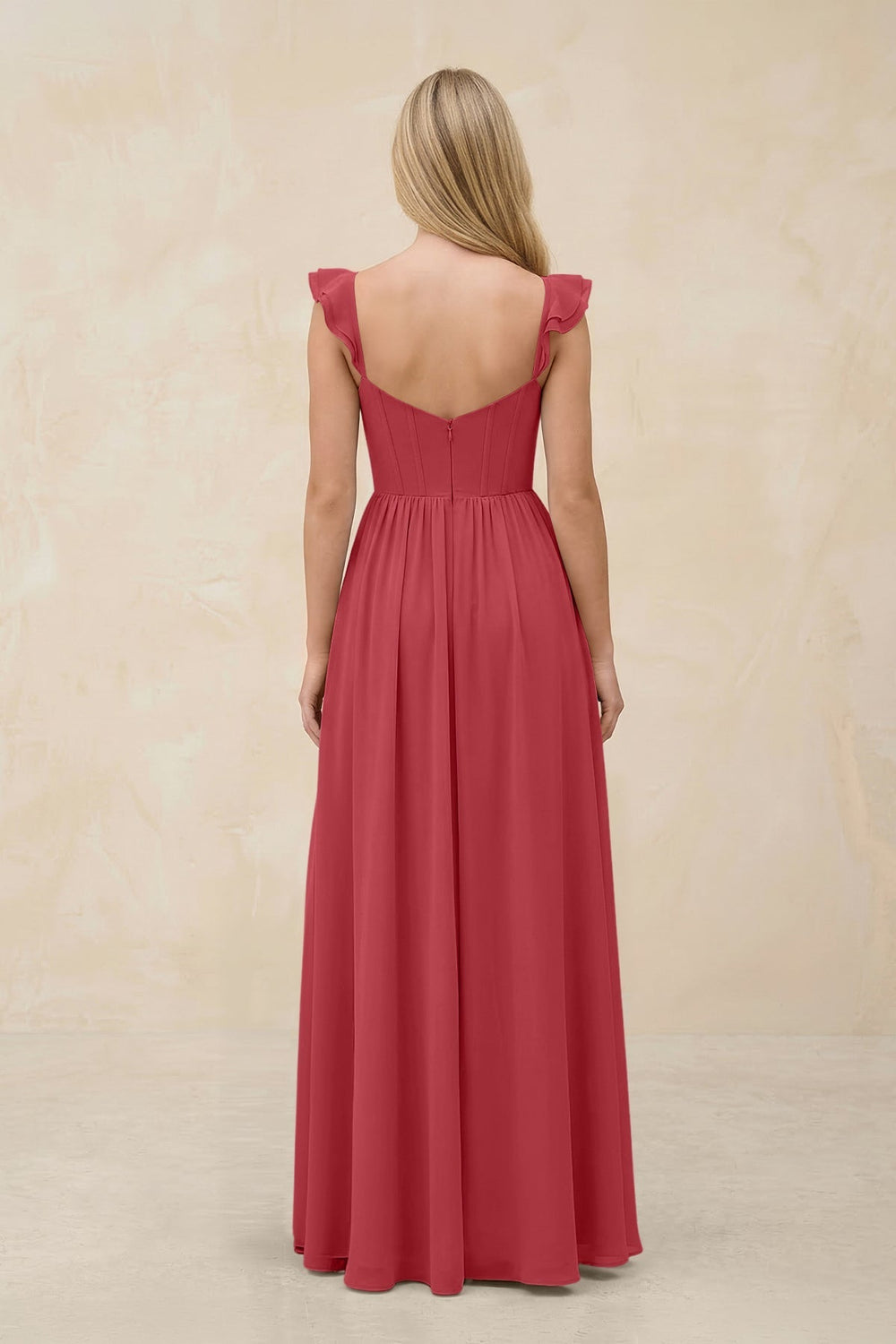 Ruffled Sleeve A - Line Corset Chiffon Bridesmaid Dress in Merlot - KISS BRIDAL Bridesmaid Dresses