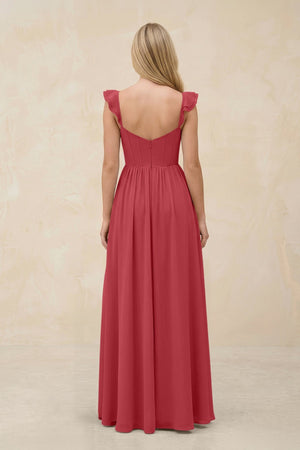 Ruffled Sleeve A - Line Corset Chiffon Bridesmaid Dress in Merlot - SHE IS ME Bridesmaid Dresses
