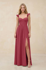 Ruffled Sleeve A-Line Corset Chiffon Bridesmaid Dress in Merlot | KISSBRIDAL
