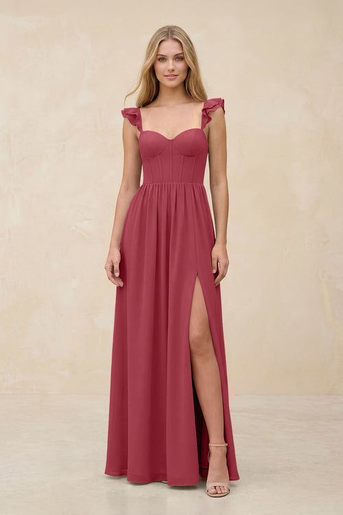 Ruffled Sleeve A-Line Corset Chiffon Bridesmaid Dress in Merlot | KISSBRIDAL
