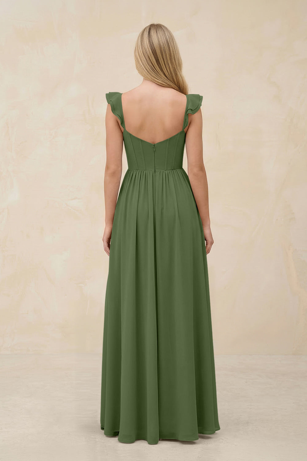 Ruffled Sleeve A-Line Corset Chiffon Bridesmaid Dress in Moss