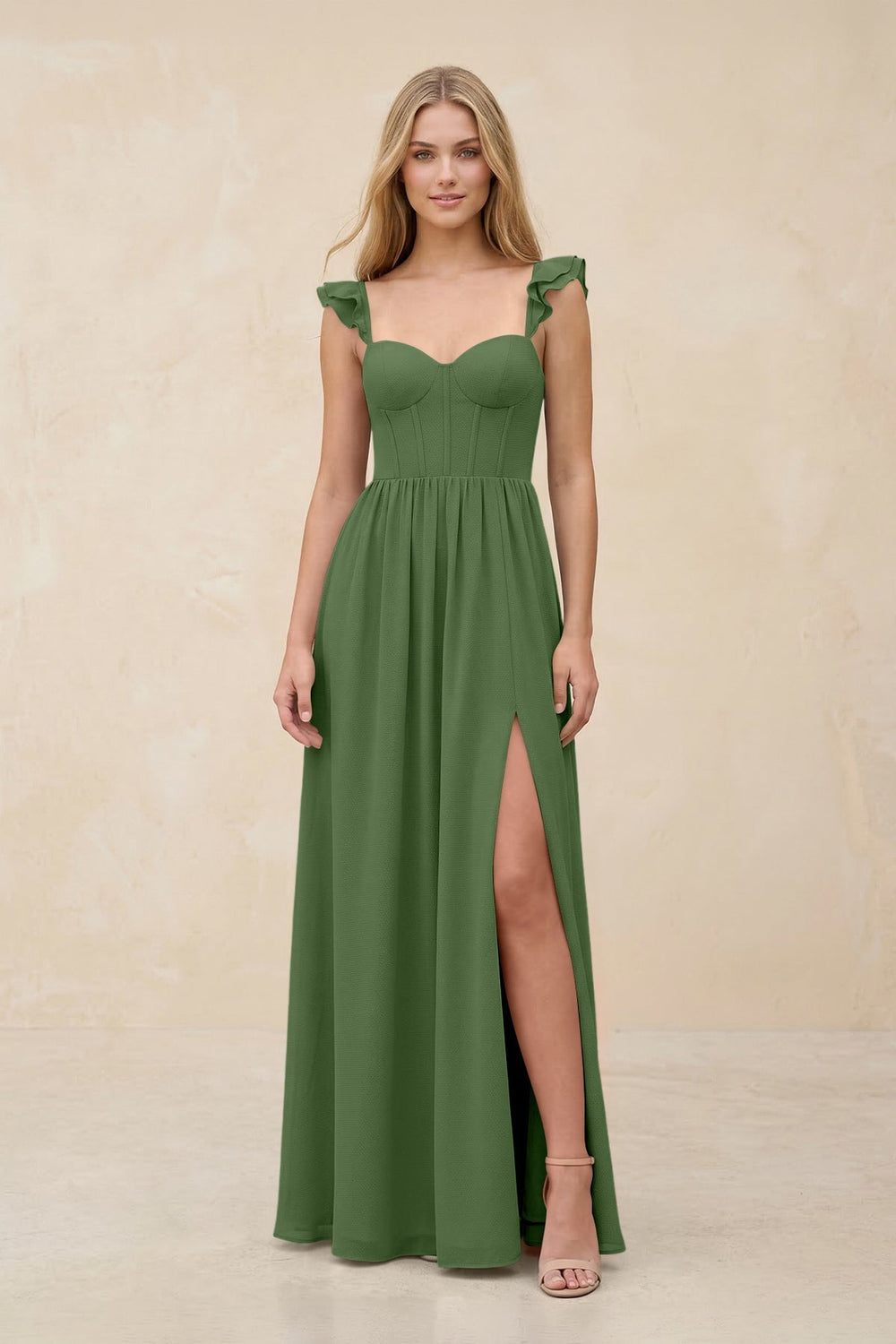 Ruffled Sleeve A - Line Corset Chiffon Bridesmaid Dress in Moss - KISS BRIDAL Bridesmaid Dresses