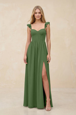 Ruffled Sleeve A - Line Corset Chiffon Bridesmaid Dress in Moss - SHE IS ME Bridesmaid Dresses
