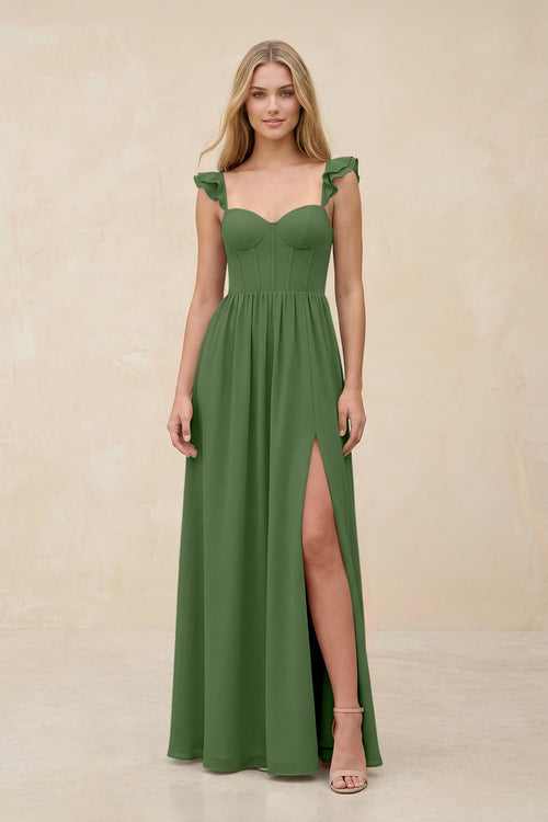 Ruffled Sleeve A - Line Corset Chiffon Bridesmaid Dress in Moss - SHE IS ME Bridesmaid Dresses