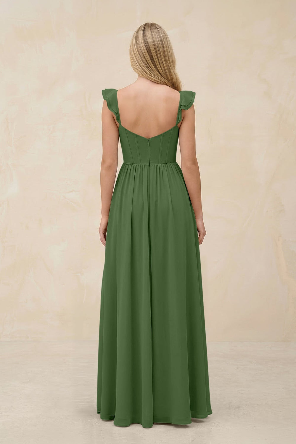 Ruffled Sleeve A - Line Corset Chiffon Bridesmaid Dress in Moss - KISS BRIDAL Bridesmaid Dresses