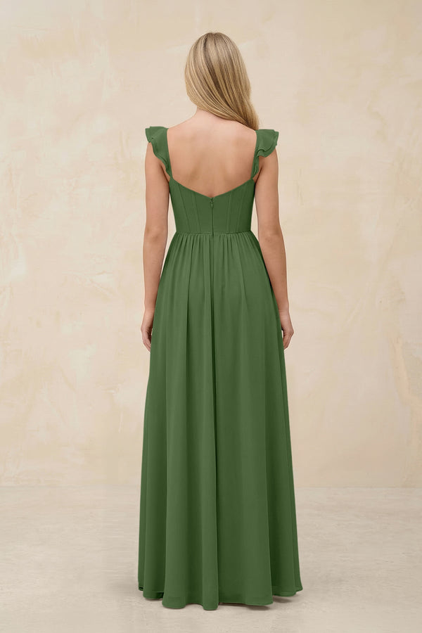 Ruffled Sleeve A - Line Corset Chiffon Bridesmaid Dress in Moss - SHE IS ME Bridesmaid Dresses