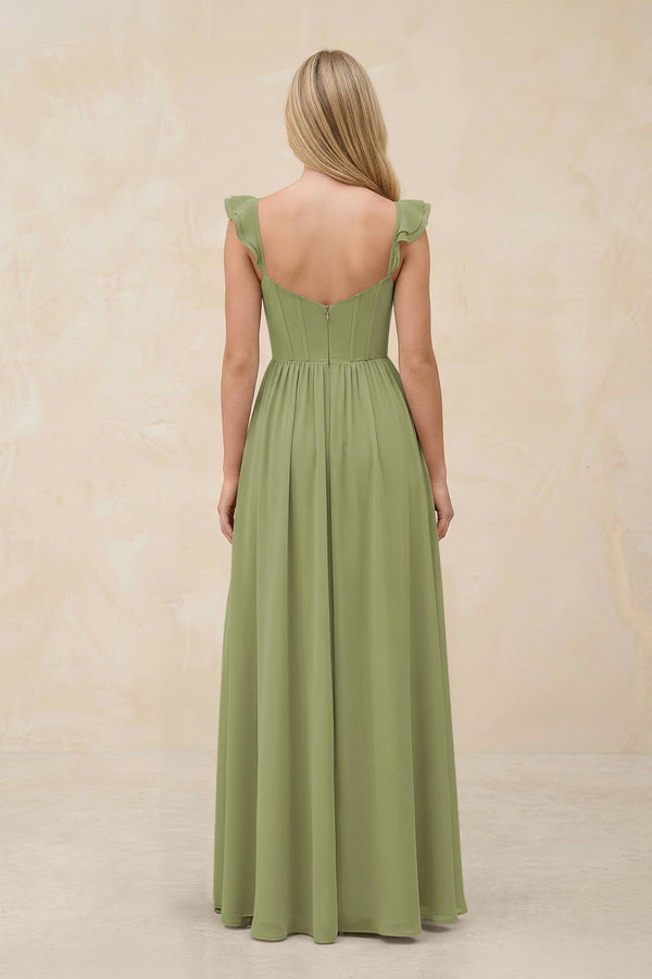 Ruffled Sleeve A - Line Corset Chiffon Bridesmaid Dress in Moss Green - SHE IS ME Bridesmaid Dresses