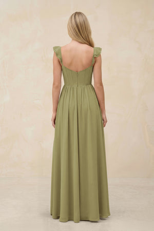 Ruffled Sleeve A-Line Corset Chiffon Bridesmaid Dress in Moss Green (2) | KISSBRIDAL