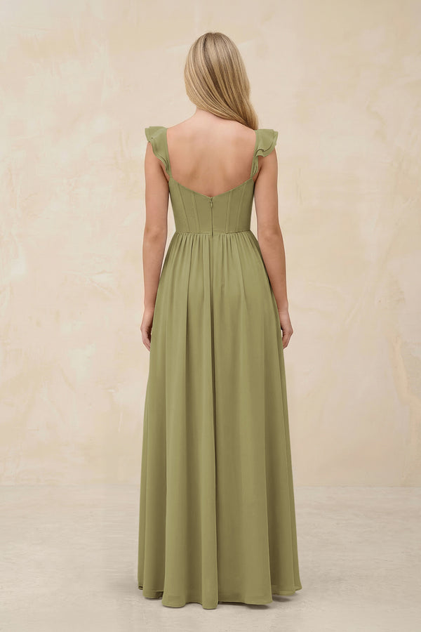 Ruffled Sleeve A-Line Corset Chiffon Bridesmaid Dress in Moss Green (2) | KISSBRIDAL
