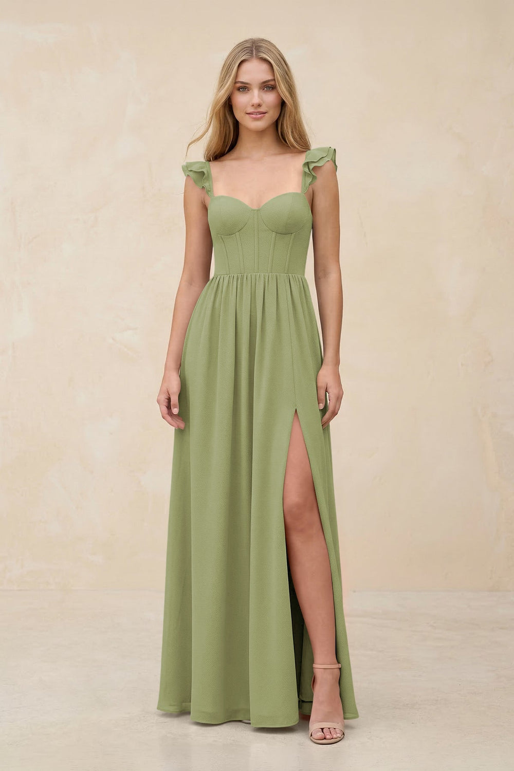 Ruffled Sleeve A - Line Corset Chiffon Bridesmaid Dress in Moss Green - KISS BRIDAL Bridesmaid Dresses
