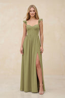 Ruffled Sleeve A-Line Corset Chiffon Bridesmaid Dress in Moss Green | KISSBRIDAL