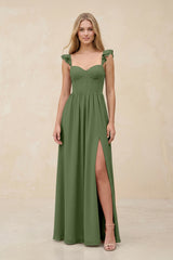 Ruffled Sleeve A-Line Corset Chiffon Bridesmaid Dress in Moss | KISSBRIDAL