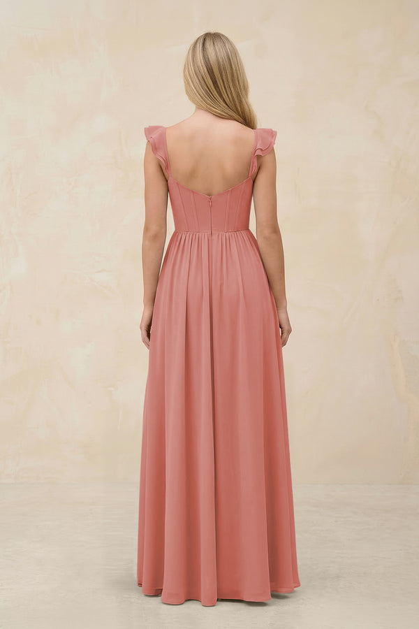 Ruffled Sleeve A-Line Corset Chiffon Bridesmaid Dress in Mulberry (2) | KISSBRIDAL