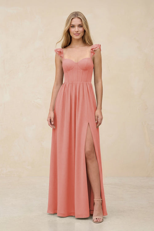 Ruffled Sleeve A - Line Corset Chiffon Bridesmaid Dress in Mulberry - SHE IS ME Bridesmaid Dresses