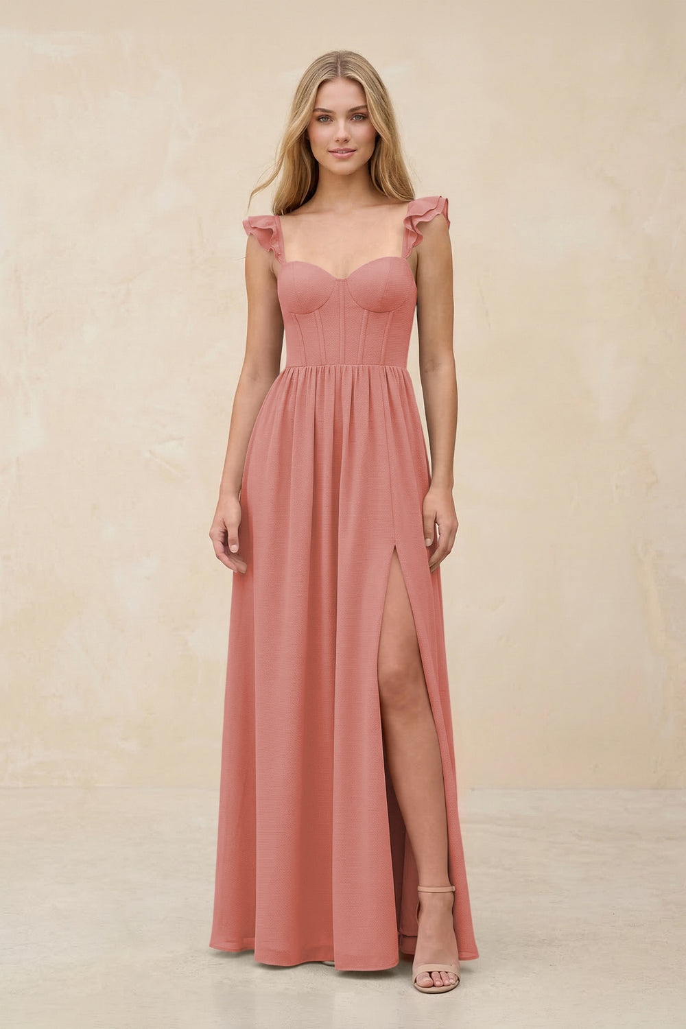 Ruffled Sleeve A-Line Corset Chiffon Bridesmaid Dress in Mulberry