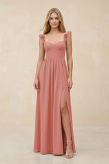 Ruffled Sleeve A-Line Corset Chiffon Bridesmaid Dress in Mulberry | KISSBRIDAL