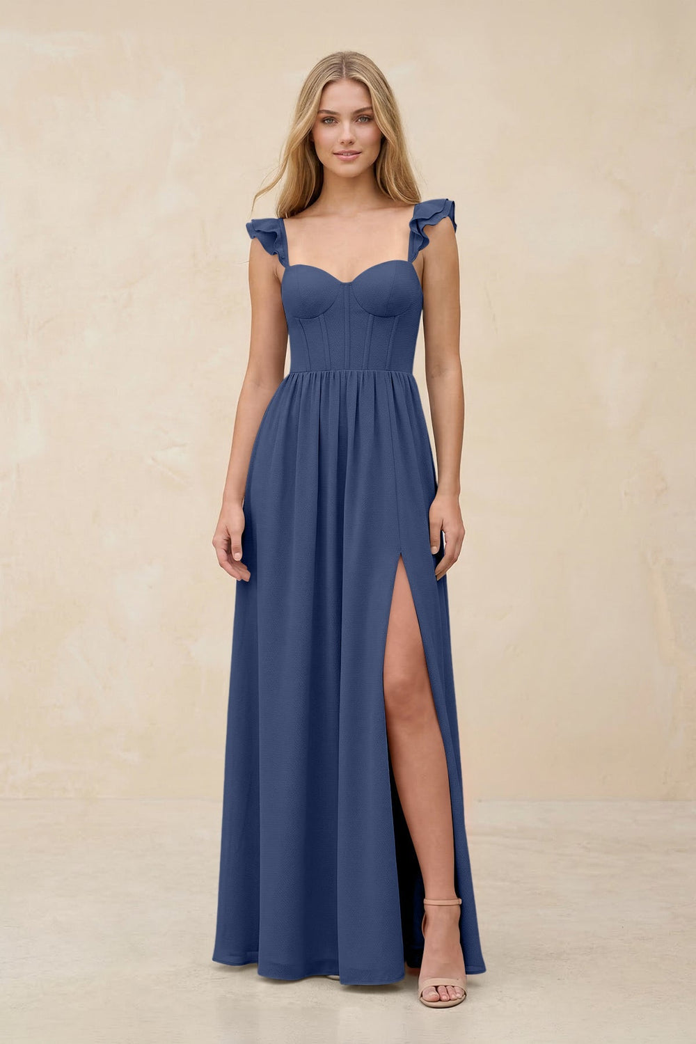 Ruffled Sleeve A - Line Corset Chiffon Bridesmaid Dress in Navy - KISS BRIDAL Bridesmaid Dresses