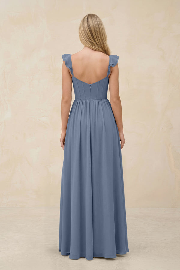 Ruffled Sleeve A - Line Corset Chiffon Bridesmaid Dress in Neptune - SHE IS ME Bridesmaid Dresses