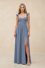 Ruffled Sleeve A - Line Corset Chiffon Bridesmaid Dress in Neptune - KISS BRIDAL Bridesmaid Dresses