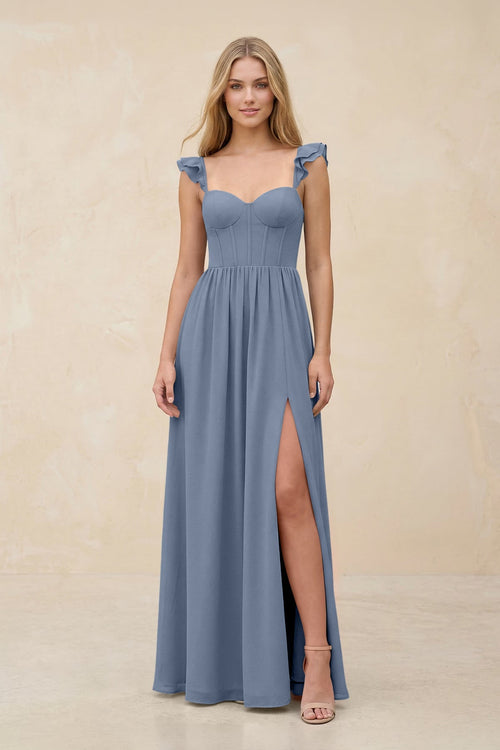 Ruffled Sleeve A - Line Corset Chiffon Bridesmaid Dress in Neptune - SHE IS ME Bridesmaid Dresses