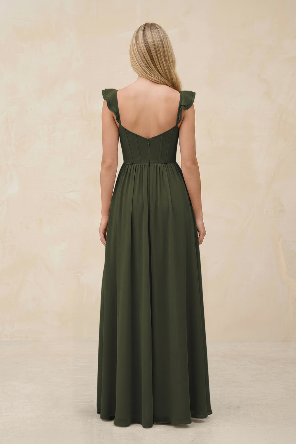 Ruffled Sleeve A-Line Corset Chiffon Bridesmaid Dress in Olive