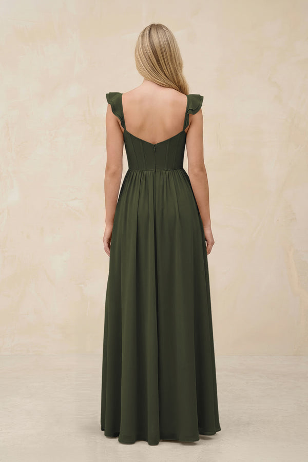 Ruffled Sleeve A-Line Corset Chiffon Bridesmaid Dress in Olive (2) | KISSBRIDAL